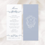 Klassieke Blauwe Bloemen Border Wedding Menu<br><div class="desc">Elegante blauwe bloemenborder huwelijksmenu met een bloemenkam en monogrammen op de rug. Voor meer geavanceerde aanpassing van dit ontwerp,  klikt u op de BUTTON DESIGN TOOL hierboven!</div>