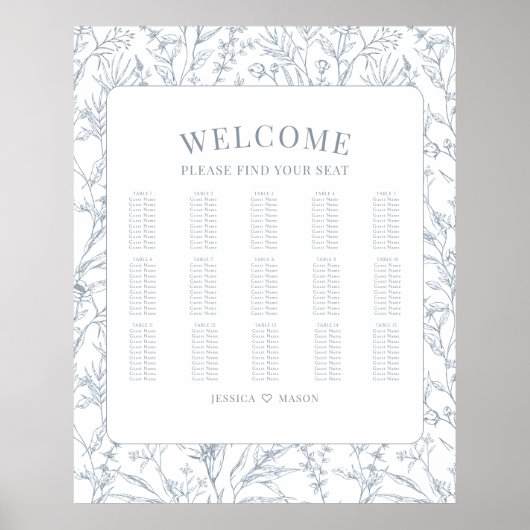 Klassieke blauwe bloemen bruiloft zitgrafiek poster (Voorkant)