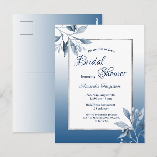 Klassieke blauwe botanische bruiddoucheuitnodiging briefkaart (Voorkant / Achterkant)