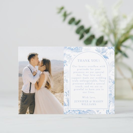 Klassieke Blauwe Chinoiserie porselein Trouwfoto Bedankkaart (Staand voorkant)