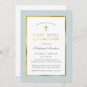 Klassieke blauwe en gouden uitnodiging tot communa (Voorkant / Achterkant)