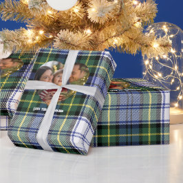 Klassieke Blauwe en Groene Tartan Kerst Foto Cadeaupapier