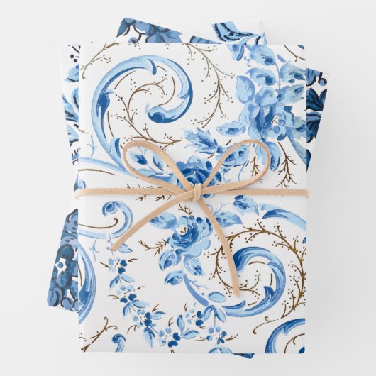 Klassieke Blauwe en Witte Bloemen Inpakpapier Vel (In situ)