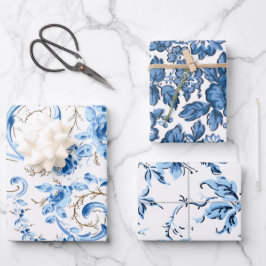 Klassieke Blauwe en Witte Bloemen Inpakpapier Vel