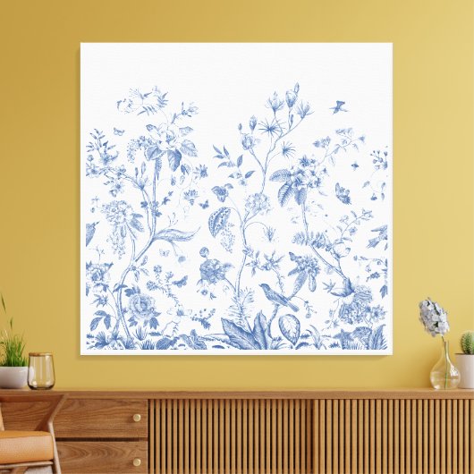 Klassieke Blauwe en Witte Chinoiserie Canvas Afdruk (Insitu (Woonkamer))