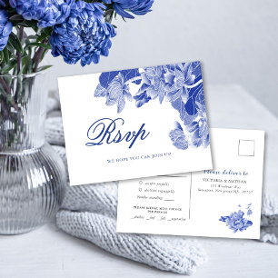 Klassieke Blauwe en Witte Chinoiserie Floral Weddi Briefkaart
