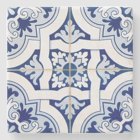 Klassieke blauwe en witte geometrische Tegel Kijk  Stenen Onderzetter (Voorkant)