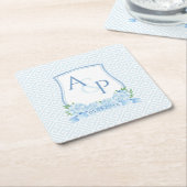 Klassieke Blauwe en Witte Hydrangea Bruiloft Crest Kartonnen Onderzetters (Schuin)