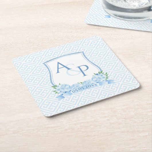 Klassieke Blauwe en Witte Hydrangea Bruiloft Crest Kartonnen Onderzetters (Schuin)