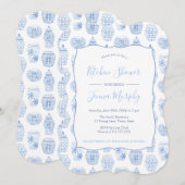 Klassieke Blauwe en Witte Keukenpartij Vrijgezelle Kaart (Voorkant / Achterkant)