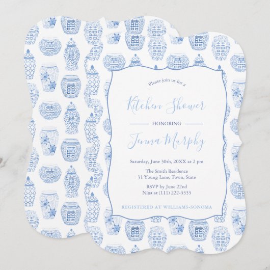 Klassieke Blauwe en Witte Keukenpartij Vrijgezelle Kaart (Voorkant / Achterkant)