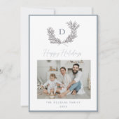 Klassieke blauwe en witte monogram embleem foto feestdagenkaart (Voorkant)