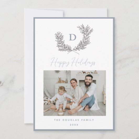 Klassieke blauwe en witte monogramembleem foto feestdagenkaart (Voorkant)