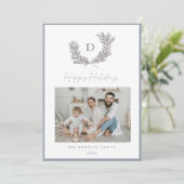 Klassieke blauwe en witte monogramembleem foto feestdagenkaart (Staand voorkant)