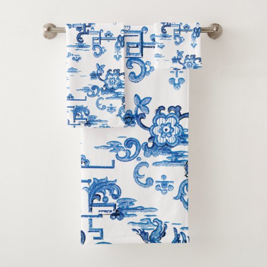 Klassieke Blauwe en Witte Pagoda Chinoiserie Bad Handdoek (Insitu)