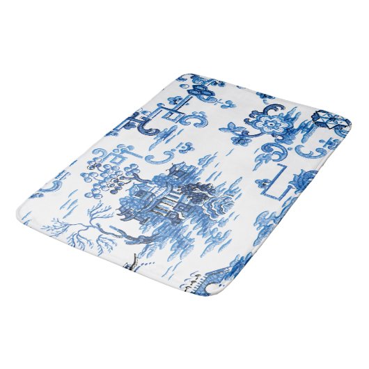 Klassieke Blauwe en Witte  Pagoda Chinoiserie Badmat (Gekanteld)