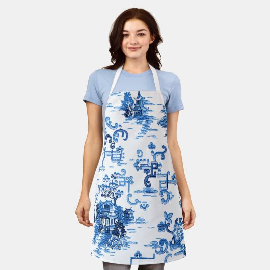 Klassieke Blauwe en Witte  Pagoda Chinoiserie Schort (Gedragen)