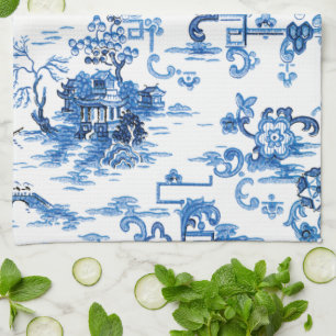 Klassieke Blauwe en Witte Pagoda Chinoiserie Theedoek