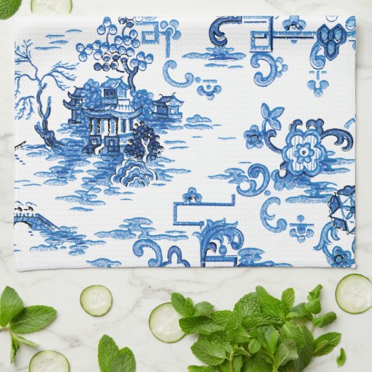 Klassieke Blauwe en Witte  Pagoda Chinoiserie Theedoek (Gevouwen)