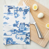 Klassieke Blauwe en Witte  Pagoda Chinoiserie Theedoek (Quarter Fold)