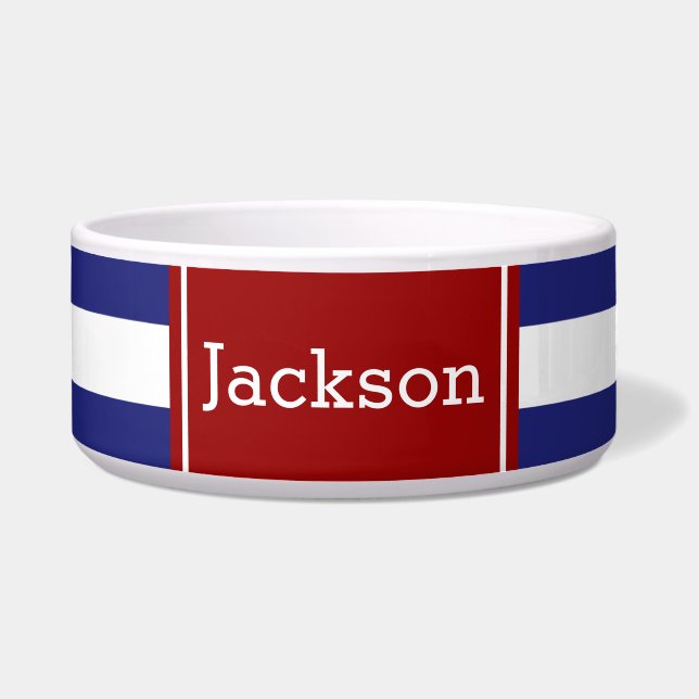 Klassieke blauwe en witte streep met rood voerbakje (Voorkant)