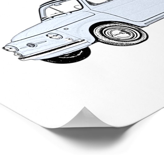 Klassieke blauwe fiat 500 potloodstijl renderen poster (Hoek)