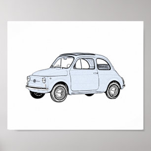 Klassieke blauwe fiat 500 potloodstijl renderen poster