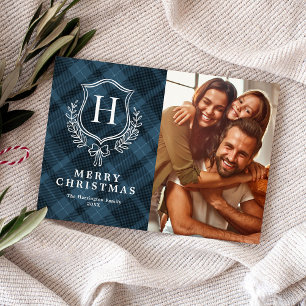 Klassieke Blauwe Geruite Monogram Foto Kerstmis Feestdagenkaart