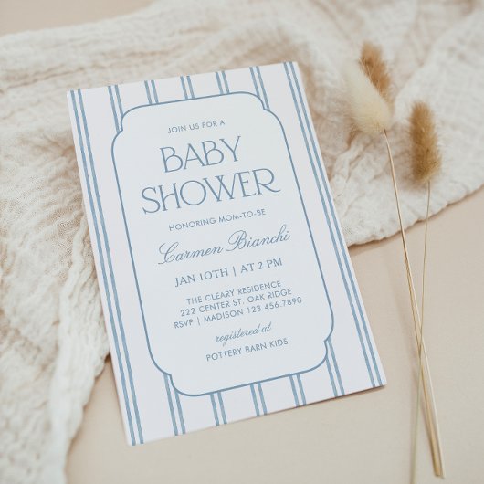 Klassieke blauwe gestreepte babyshower uitnodiging