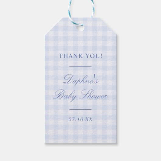 Klassieke Blauwe Gingham Baby Shower Cadeaulabel (Voorkant)