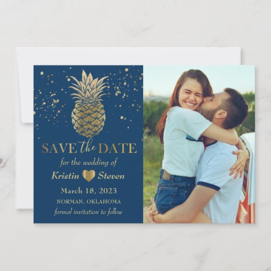 Klassieke blauwe gouden anananasfoto save the date (Voorkant)