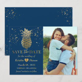 Klassieke blauwe gouden anananasfoto save the date
