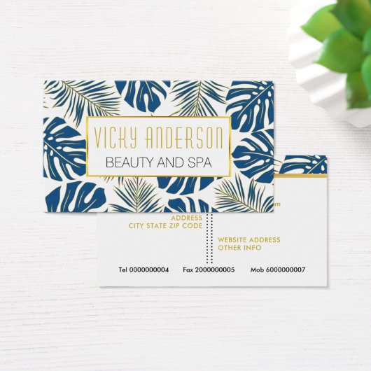 Klassieke blauwe, gouden tropische bladeren visite visitekaartje (Bureau)