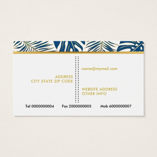 Klassieke blauwe, gouden tropische bladeren visite visitekaartje (Achterkant)