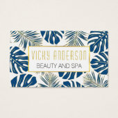 Klassieke blauwe, gouden tropische bladeren visite visitekaartje (Voorkant)