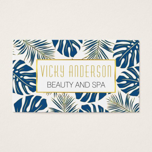 Klassieke blauwe, gouden tropische bladeren visite visitekaartje (Voorkant)
