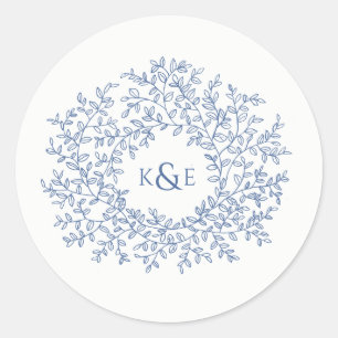 Klassieke blauwe hand getrokken blad monogram kuns ronde sticker