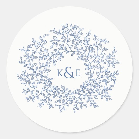 Klassieke blauwe hand getrokken blad monogram kuns ronde sticker (Voorkant)