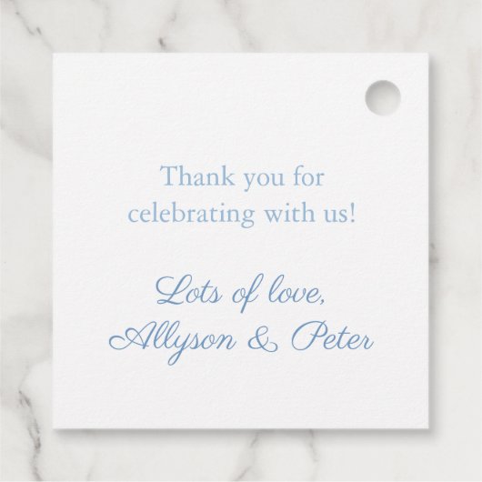 Klassieke Blauwe Hortensia Monogram Trouw Wapen Bedankjes Labels (Achterkant)