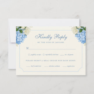 Klassieke Blauwe Hortensia + Witte Roos Huwelijks RSVP Kaartje