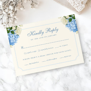 Klassieke Blauwe Hortensia + Witte Roos Huwelijks  RSVP Kaartje