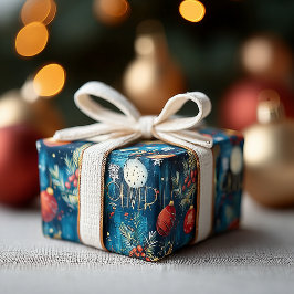 Klassieke blauwe kerstornamenten en hulstpatroon cadeaupapier