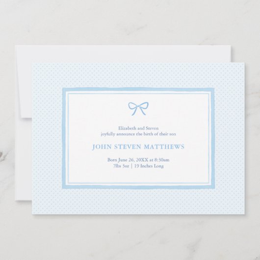 Klassieke Blauwe Lint Bow Baby Boy Geboortefotokaa Aankondiging (Achterkant)