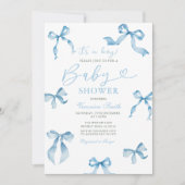 Klassieke blauwe lintboog baby shower uitnodiging (Voorkant)