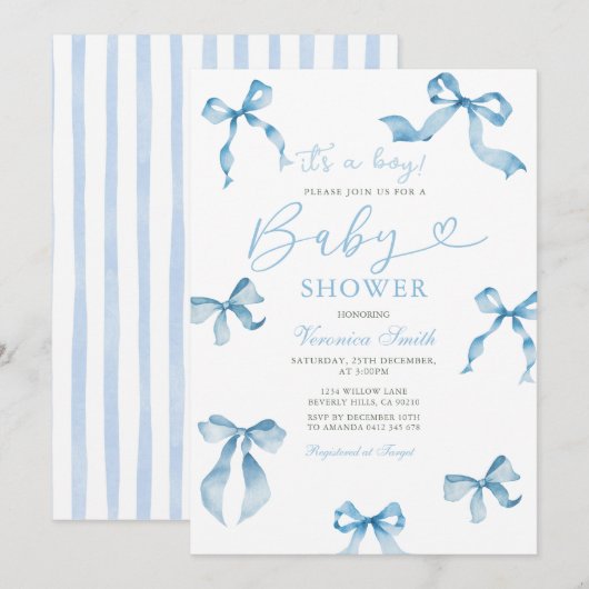 Klassieke blauwe lintboog baby shower uitnodiging (Voorkant / Achterkant)