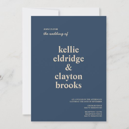 Klassieke Blauwe Moderne Trouw Uitnodigingstype Kaart (Voorkant)