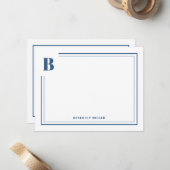 Klassieke blauwe monogram rand briefpapier notitiekaartje (Voorkant / Achterkant in situ)