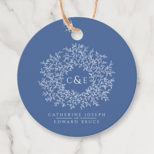 Klassieke blauwe monogram witte kunst aangepaste b bedankjes labels (Voorkant)