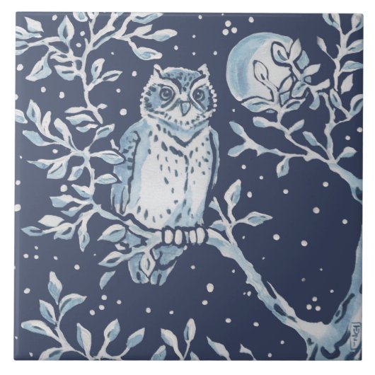 Klassieke Blauwe  Owl, Forest Night Art Tegeltje (Voorkant)