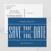 Klassieke blauwe retro typografie bruiloft save da aankondigingskaart (Voorkant / Achterkant)